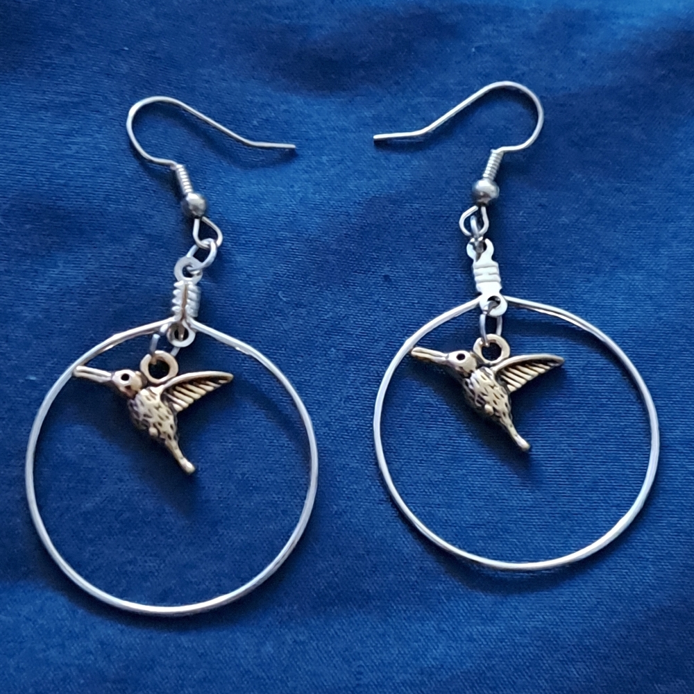Silver Hummingbird Hoop Earrings